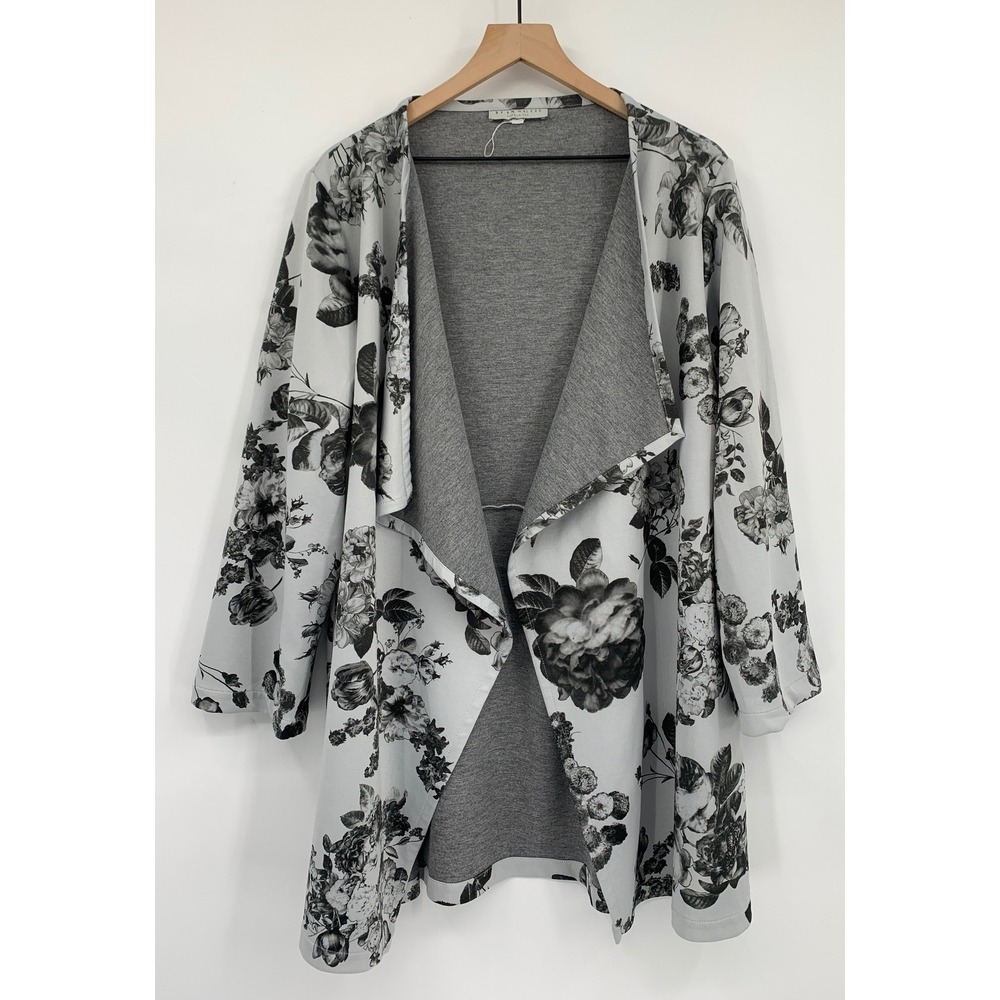 Bryn Walker Jacket Womens Large Gray Floral Open Front Drape Neck Stretch USA